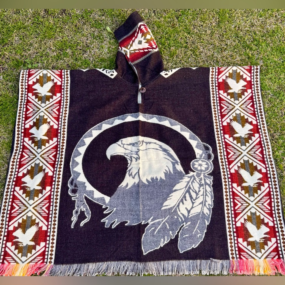 Native American Eagle adult size alpaca poncho, one size, unisex, hooded poncho